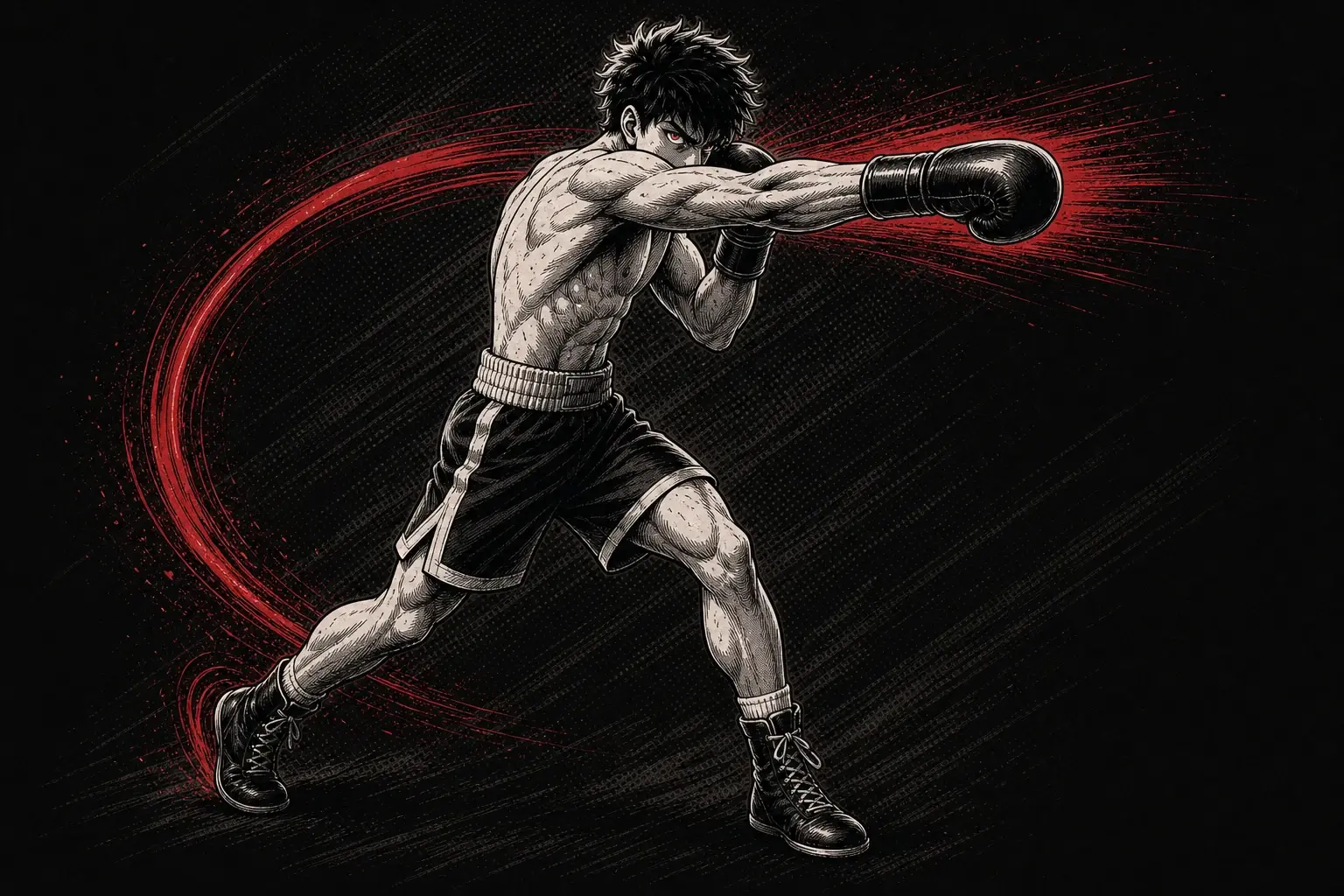 Red, black, and off-white ink illustration of a fighter rotating through a rear-hand cross with the lead glove guarding.