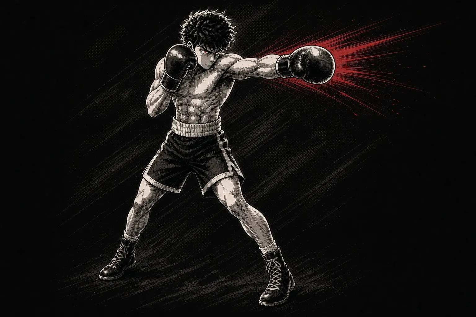 Red, black, and off-white ink illustration of a fighter extending a lead jab while the rear glove protects the face.