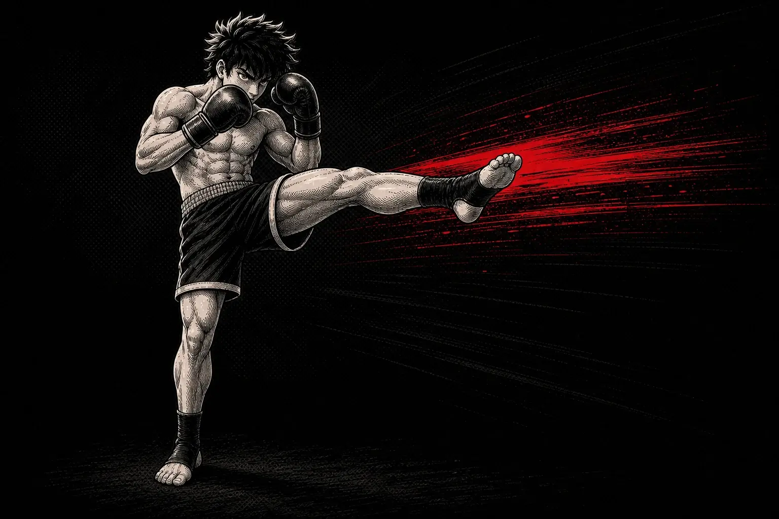 Red, black, and off-white ink illustration of a fighter extending a lead front kick with the raised knee line and guard visible.