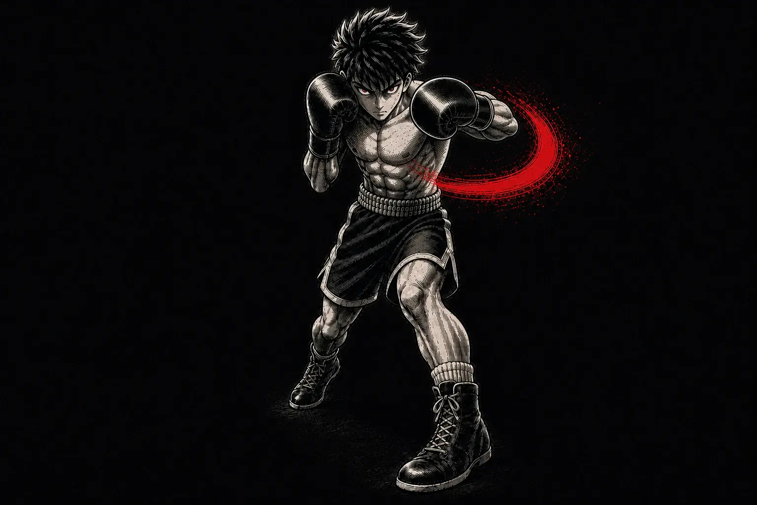Red, black, and off-white ink illustration of a fighter rotating through a compact lead hook with a straight wrist.