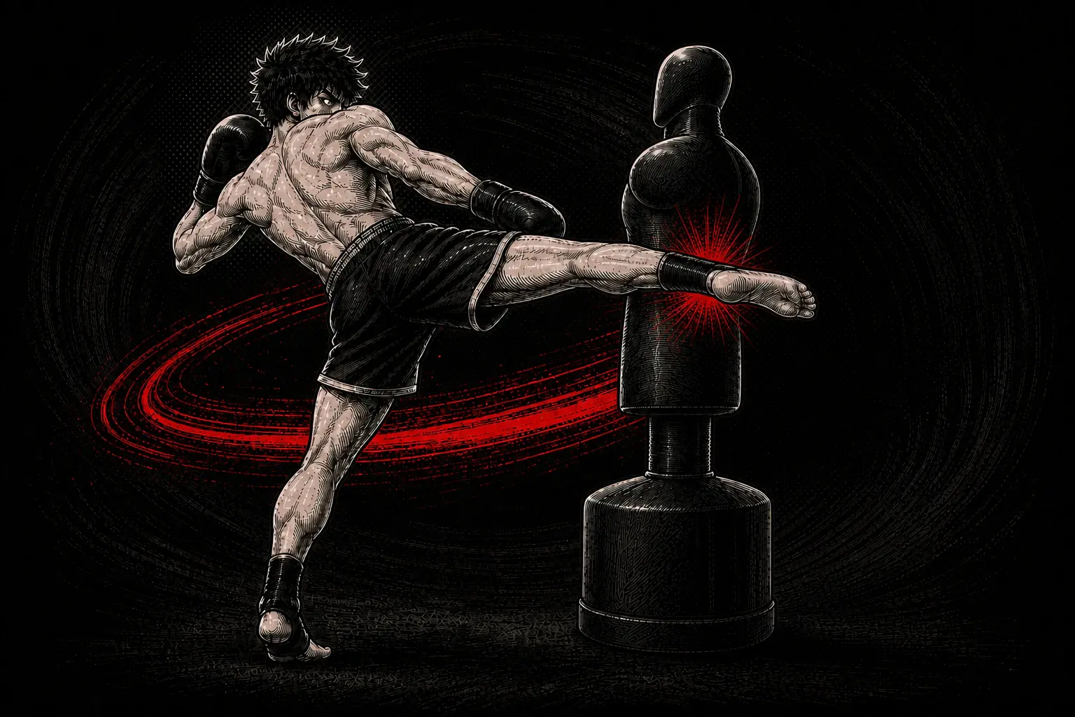 Red, black, and off-white ink illustration of a fighter landing a rear body kick with the kicking leg, support foot, hips, and guard visible.