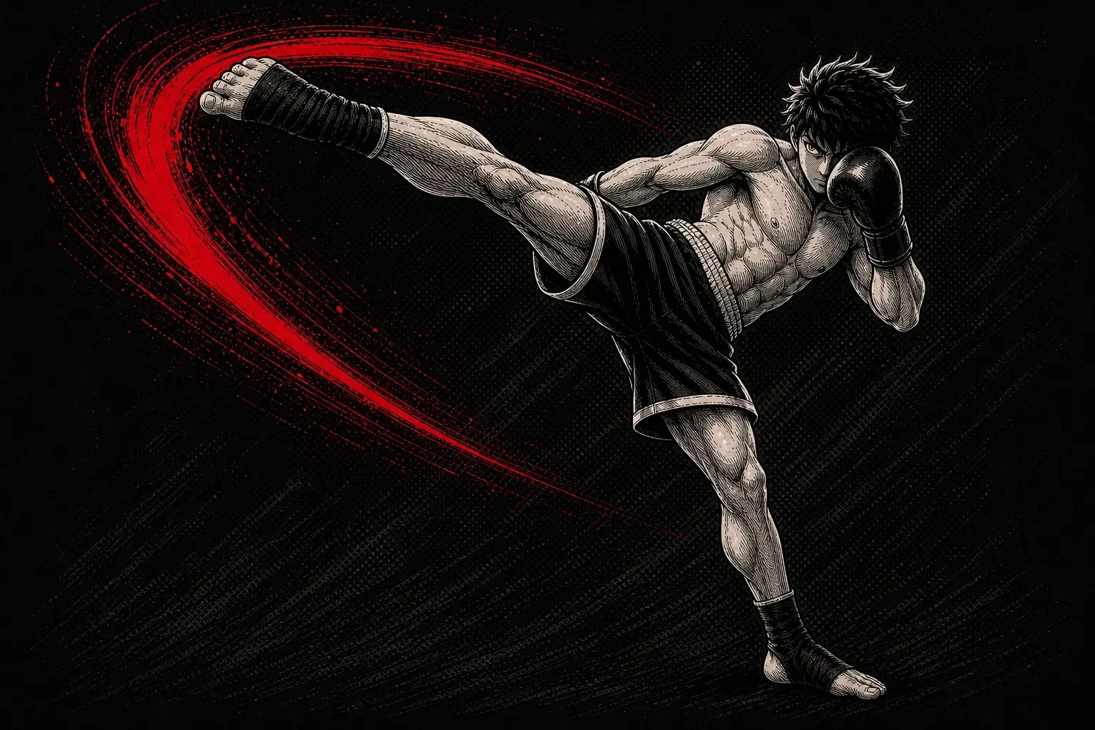 Red, black, and off-white ink illustration of a fighter throwing a controlled rear high kick with the full kicking leg, support foot, hip, and guard visible.