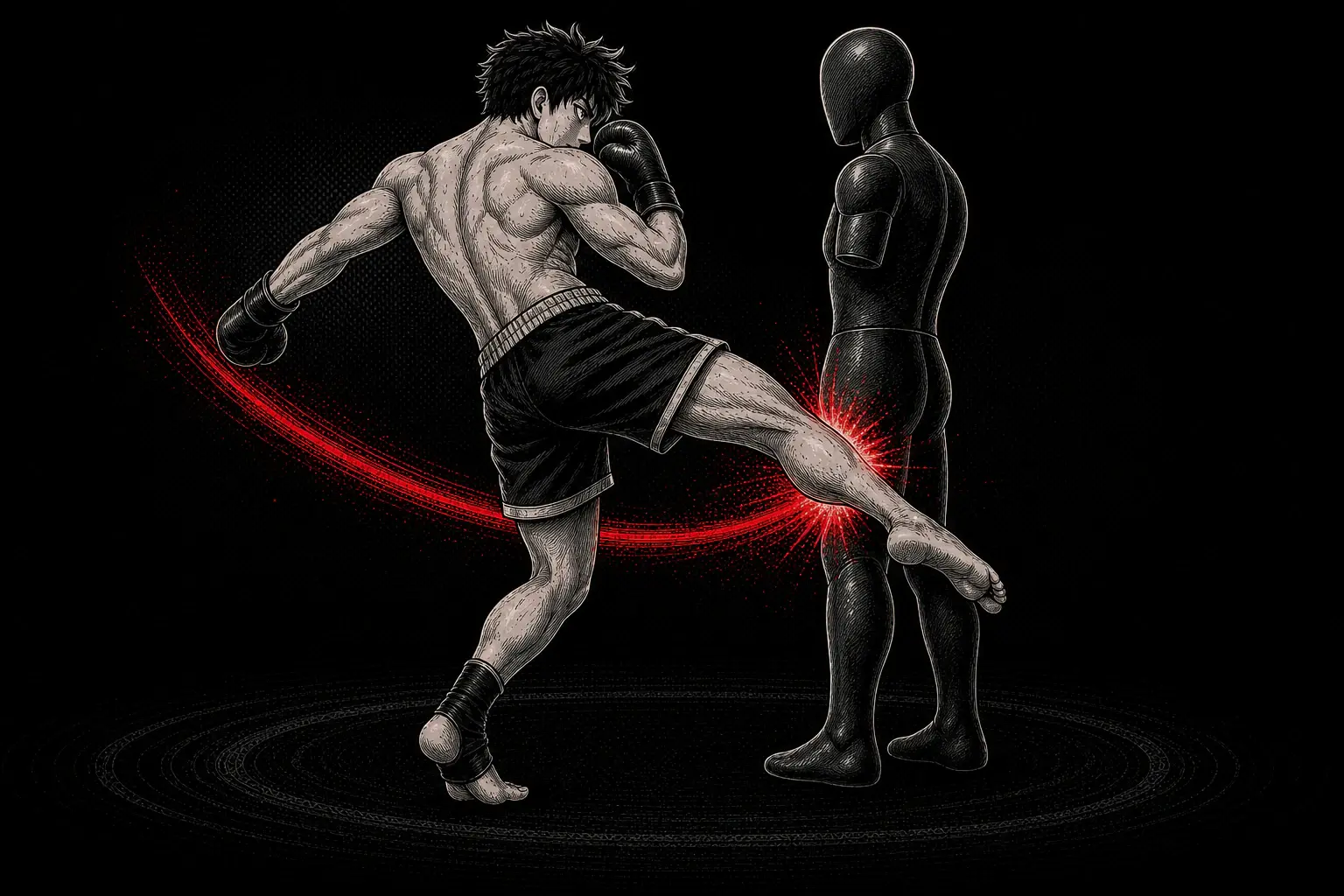Red, black, and off-white ink illustration of a fighter turning through a rear low kick with the support foot and guard visible.