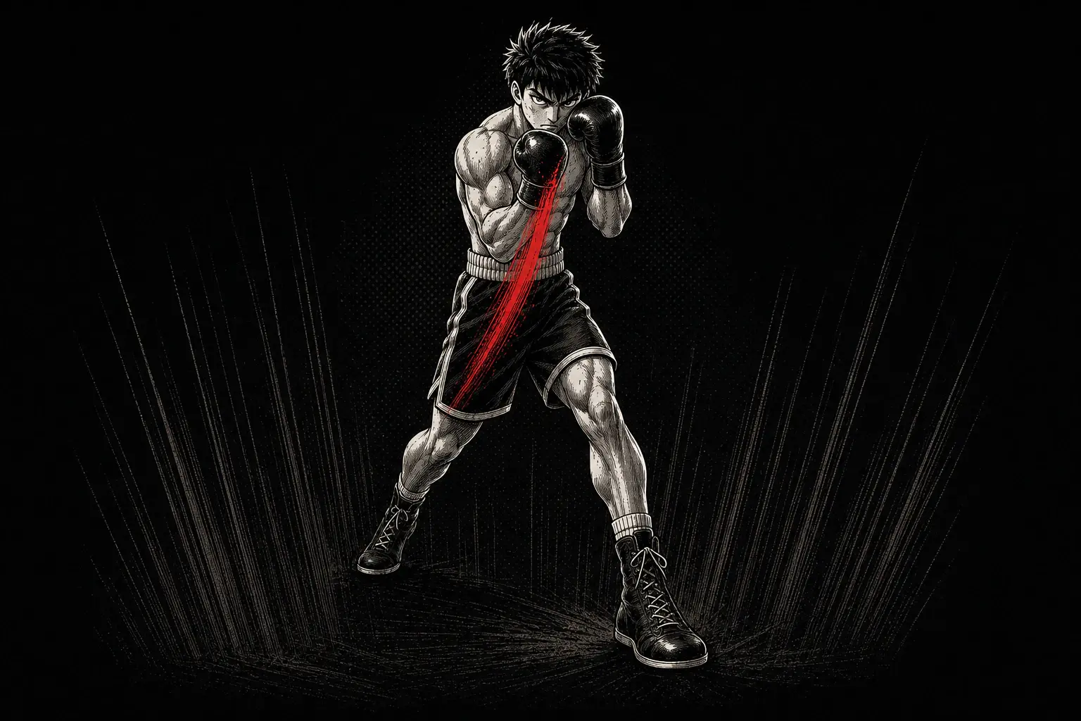 Red, black, and off-white ink illustration of a fighter driving a compact rear uppercut up the center line.